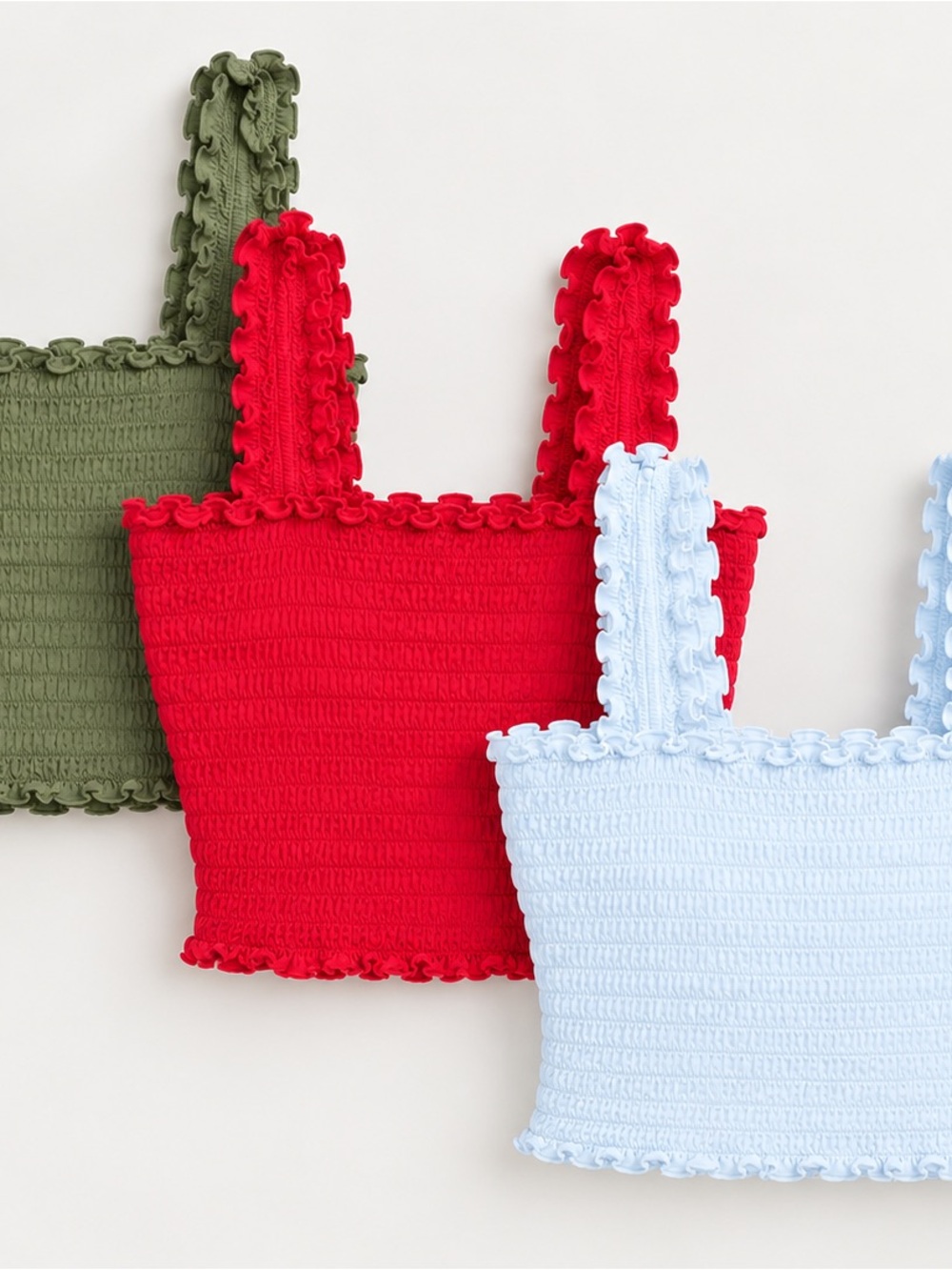 Hollister Smocked Crop Tank Top Trio – Red, Light Blue, Olive
